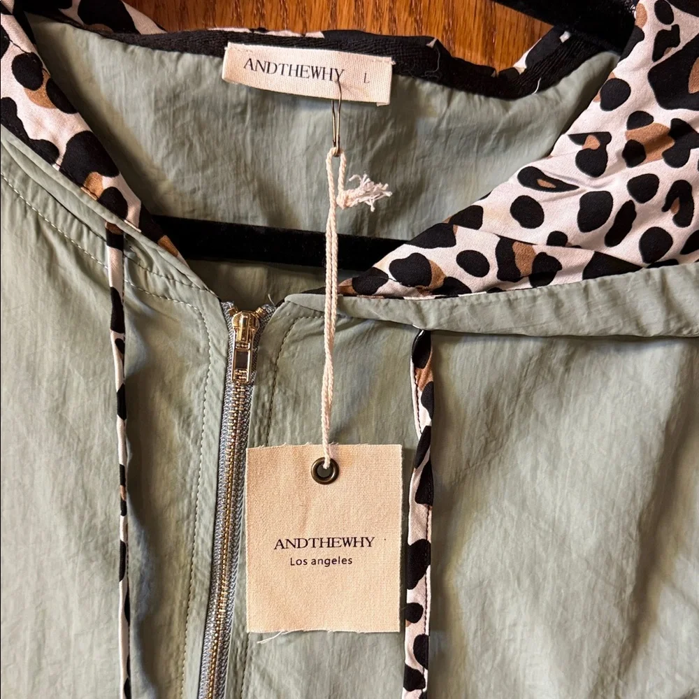 Dusty Mint Hoodie with Leopard Print Trim (L) - Picture 2 of 2